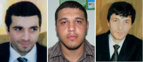 Фотографии подозреваемых в убийстве полицейских Рамиля Сулейманова, Махмуда Алиева и Рустама Сулейманова, напечатанные на листовке правоохранительных органов "Розыск особо опасных террористов", которая была распространена в мае 2013 года 
