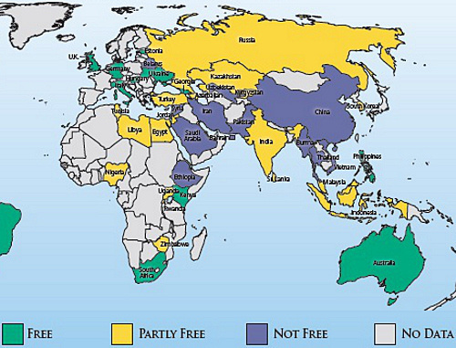 Фрагмент карты свободы Интернета за 2012 г. с сайта правозащитной организации Freedom House, http://www.freedomhouse.org