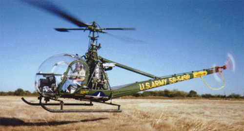 Вертолёт связи и наблюдения OH-23D армии США. Фото: https://ru.wikipedia.org/wiki/Hiller_OH-23_Raven#mediaviewer/File:H-23D_58-5499_colour_photo.jpg