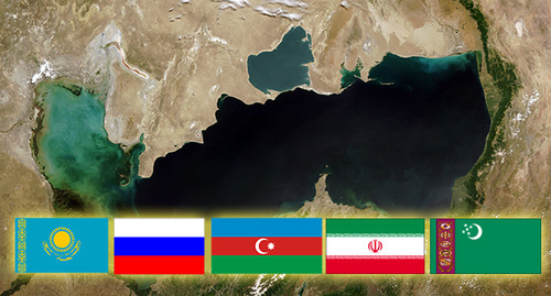 Коллаж вида Каспийского моря из космоса и флагов государств-участников саммита. "Кавказский узел"