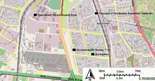 Карта с основными пунктами, связанные с беспорядками в Бирюлёве. Фото: Own https://ru.wikipedia.org