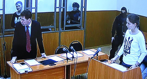 Допрос Веры Савченко в Донецком городском суде, 10 декабря 2015 года, снимок с монитора видеотрансляции. Фото Константина Волгина для "Кавказского узла"