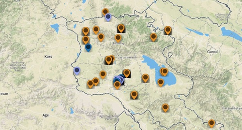 Для фиксирования нарушений в ходе голосования в Армении создан сайт #Armvote17, принцип работы которого схож с российским проектом "Карта нарушений". Фото: скриншот сайта https://ahazang.ushahidi.io/views/map