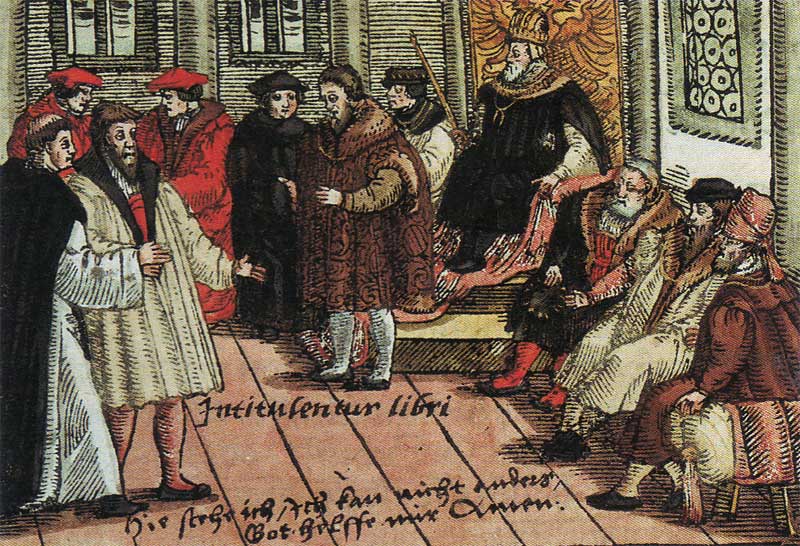 Заседание рейхстага, собранное новоизбранным императором Карлом V в 1521 году в Вормсе для исследование учений Мартина Лютера. Гравюра 1557 года. Общественное достояние
