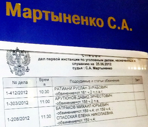 Список дел, назначенных судьей С. Мартыненко на 25 июня 2012 г. Фото Светланы Кравченко для "Кавказского узла"