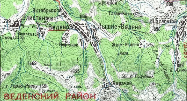 Веденский район Чечни. Карта с сайта www.mirkart.ru
