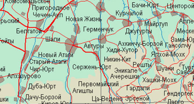 Райцентр Шали на карте. Карта с сайта www.mirkart.ru