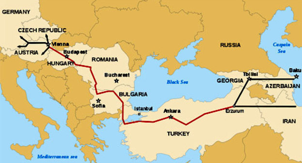 Схема маршрута газопровода Nabucco. Фото с сайта http://en.wikipedia.org
