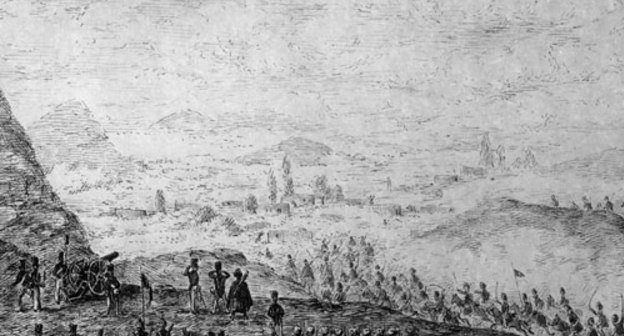 Фрагмент рисунка "Нападение на аул абадзехов" (период русско-кавказской войны). Рисунок взят из альбома Тенгинского полка, стр 47. Источник: Государственный Исторический Музей г. Москвы. Изображение с сайта http://circassiangenocide.org