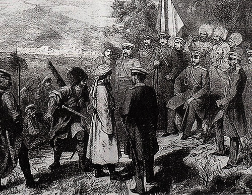 Фрагмент картины "Сдача в плен Имама Шамиля" российского живописца Петра Захарова-Чеченца (период Кавказской войны 1817—1864 гг.). Изображение с сайта http://ru.wikipedia.org