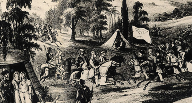 Фрагмент рисунка "Съезд лидеров Черкессии на берегу р. Убин" (период русско-кавказской войны). Фото с литографии. Лондон, 1837 г. Источник: http://circassiangenocide.org
