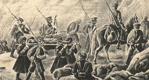 Фрагмент рисунка из альбома Тенгинского полка "Разорение аула князя Докшукова". Период русско-кавказской войны, 1835 год. Источник: http://www.circassiangenocide.org
