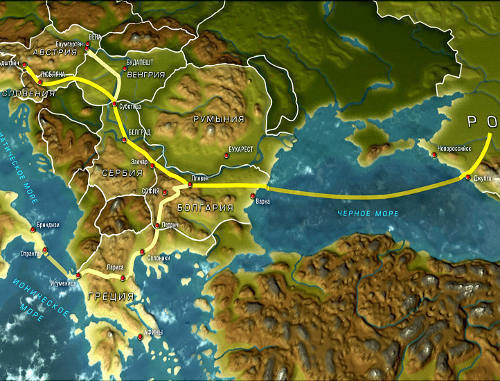 Предполагаемый маршрут газопровода "Южный поток" на карте Европы. Изображение с официального сайта проекта "Южный поток" (http://south-stream.info)