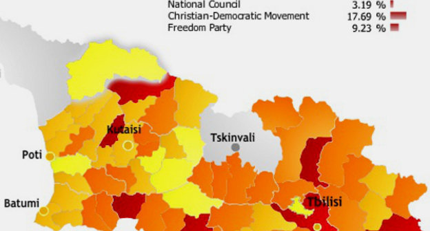 Интерактивная карта Грузии на сайте Civil.ge, показывающая количество голосов, отданных политическим партиям в каждом регионе на местных выборах 2010 г. Результат для Земо Сванети