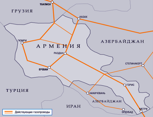 Схема транспортировки газа по территории Армении. Источник: http://www.gazprom.ru/press/news/2012/april/article133022