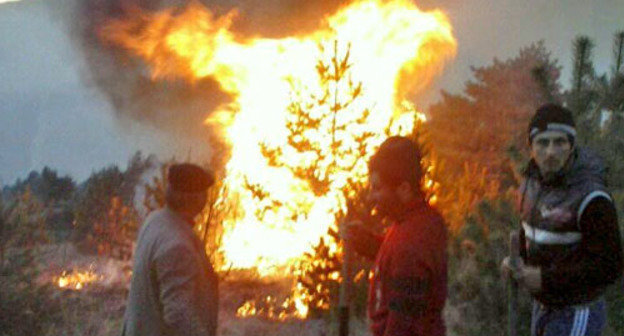 Лесной пожар в Гумбетовском районе, возникший после проведения там 17 марта спецоперации силовиков. Дагестан, март 2014 г. Фото предоставлено очевидцем