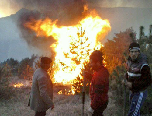 Лесной пожар в Гумбетовском районе, возникший после проведения там 17 марта спецоперации силовиков. Дагестан, март 2014 г. Фото предоставлено очевидцем