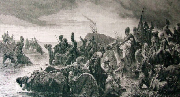 Гравюра Карла Штреллера с оригинала маслом Т. Хоршельта. "Казаки угоняют захваченных ими жителей черкесских аулов. 15 сентября 1860 года". 1878 г. Из собрания музея этнографии в Гамбурге. Фото Эдиты Бадасян для "Кавказского узла"