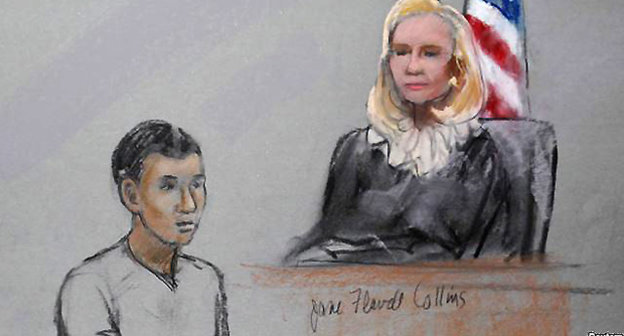 Гражданин Казахстана Азамат Тажаяков в суде в Бостоне. Рисунок из зала суда. http://rus.azattyq.org/content/azamat-tazhayakov-sud-boston-tsarnayev-kadyrbayev/25465237.html