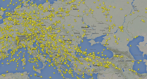 Трафик воздушных судов в реальном времени, состояние на 17-00 7 августа 2014 года. Фото: http://www.flightradar24.com/49.78,32.98/5