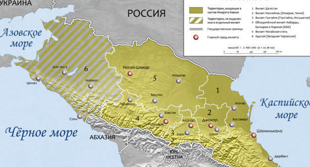 Карта с территорией Российской Федерации, на которой Доку Умаров провозгласил «джихад» против «неверных» с целью их изгнания и утверждения законов шариата. Фото: Alfer1002 https://ru.wikipedia.org