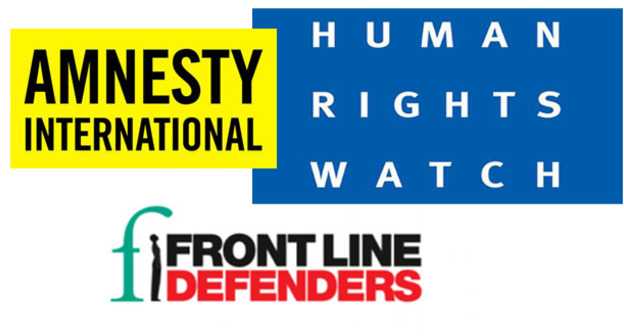 Логотип международных правозащитных организаций Human Rights Watch, Amnesty International и Front Line Defenders. Коллаж "Кавказского узла"
