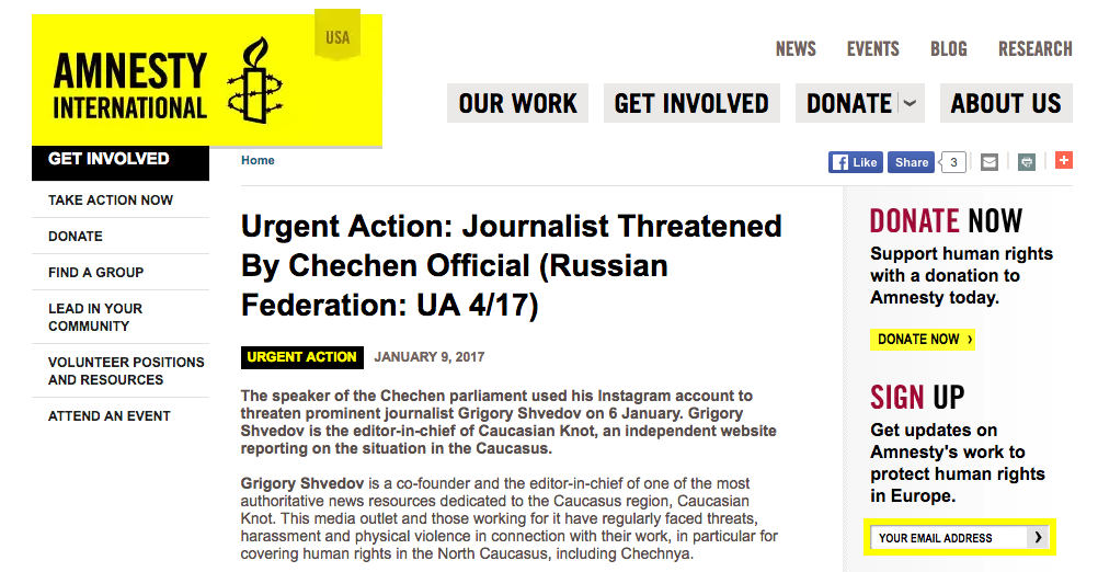 Скриншот сайта Amnesty International USA: Urgent Action: Journalist Threatened By Chechen Official 