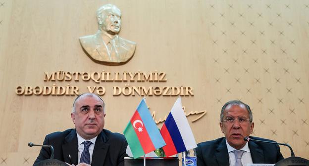 Пресс-конференция Сергея Лаврова и Эльмара Мамедъярова (слева). Баку, 20 ноября 2017 г. Фото: Министерство иностранных дел России