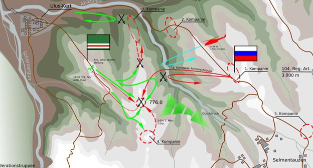 Карта боя 29 февраля - 1 марта 2000 года в районе селения Улус-Керт в Шатойском районе Чечни. Фото: Alexpl https://ru.wikipedia.org