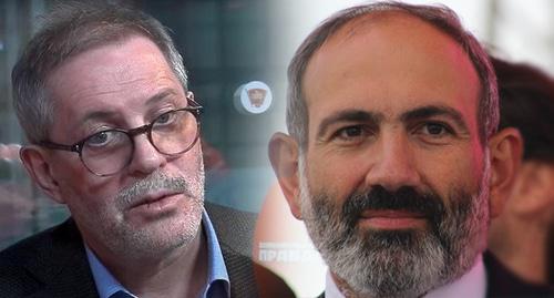 Михаил Леонтьев (слева) и Никол Пашинян. Фото: кадр видео https://www.youtube.com/watch?time_continue=2950&v=De5MMBiIF7w, Тигран Петрсоян, коллаж "Кавказского узла"