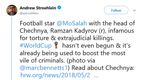 Скриншот комментария Эндрю Стролейна к фотографии Салаха с Кадыровым, 11 июня 2018.