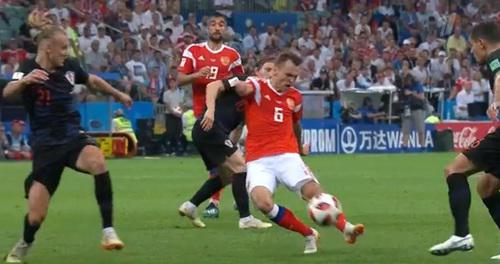 Первый гол матча Россия-Хорватия. Сочи, 7 июля 2018 года. Скриншот с онлайн-трансляции Первого канала