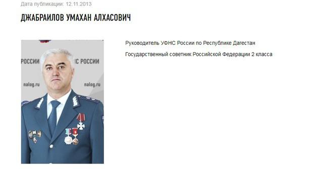 На сайте Федеральной налоговой службы Джабраилов пока числится как глава дагестанского управления. Скриншот с сайта https://www.nalog.ru/rn05/about_fts/structure/head/4335342/