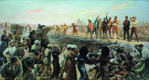 "Расстрел 26 бакинских комиссаров", 1925 год.
Худ. И. И. Бродский. 
На картине изображено, как М. Азизбеков (третий справа) подставляет под пули свою обнажённую грудь.