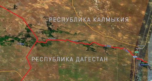Карта границы между Республикой Дагестан и Республикой Калмыкия. Фото: Яндек-карты. Коллаж "Кавказского узла"
