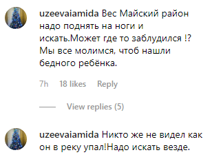 Скриншот обсуждения поисков ребенка в Майском, 31 мая 2019 года. https://www.instagram.com/p/ByH__Uan3gA/