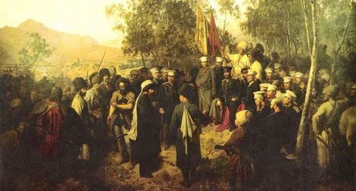 Имам Шамиль перед князем Барятинским. Фрагмент картины Теодора Горшельта, 1863 год. wikipedia.org