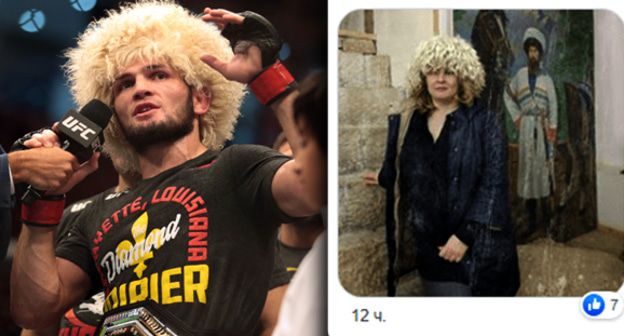 Хабиб Нурмугамедов и Наталья Савельева. Фото:  REUTERS/Christopher Pike Скриншот флешмоба на странице Натальи Савельевой, https://www.facebook.com/photo.php?fbid=2309984592444415&set=a.104047723038124&type=3 Коллаж "Кавказского узла"