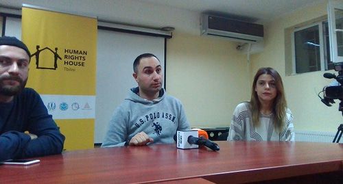 Тамаз Созашвили, Дито Нозаидзе, Анна Субелиани на пресс-конференции в Тбилиси. 9 ноября 2019 года. Фото Беслана Кмузова для "Кавказского узла"