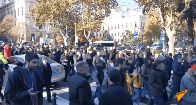 Акция протеста у Национальной библиотеки 
Грузии 29 ноября 2019 года. Стоп-кадр видео "Sputnik-Грузия"  https://sputnik-georgia.ru/video/20191129/247144476/Oppozitsiya-v-ocherednoy-raz-popytalas-pomeshat-rabote-parlamenta-Gruzii-video.html