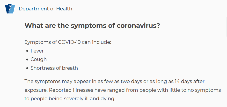 Информация о симптомах коронавирусной инфекции на сайте Минздрава СШАhttps://www.health.pa.gov/topics/disease/Pages/Coronavirus.aspx