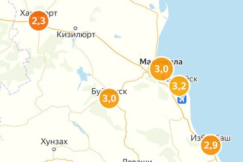 Индекс самоизоляции в городах Дагестана. Фото: скриншот с сервиса "Яндекс.Карты" https://yandex.ru/maps/covid19/isolation?from=tabbar&ll=46.833573%2C42.929380&source=serp_navig&z=8.19