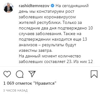 Скриншот сообщения Рашида Темрезова на его странице в Instagram. https://www.instagram.com/p/B-9vLHjAw79/