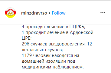 Скриншот сообщения Минздрава Северной Осетии о 12 умерших от коронавируса к 9 мая 2020 года. https://www.instagram.com/p/B_9VzJJljui/