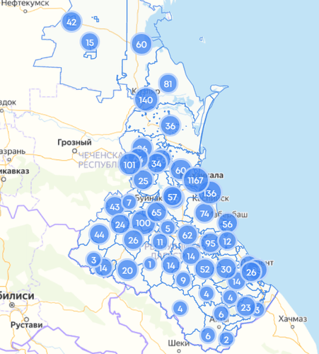 Скриншот карты распространения коронавируса в Дагестане по состоянию на 15 мая 2020 года, https://mydagestan.e-dag.ru