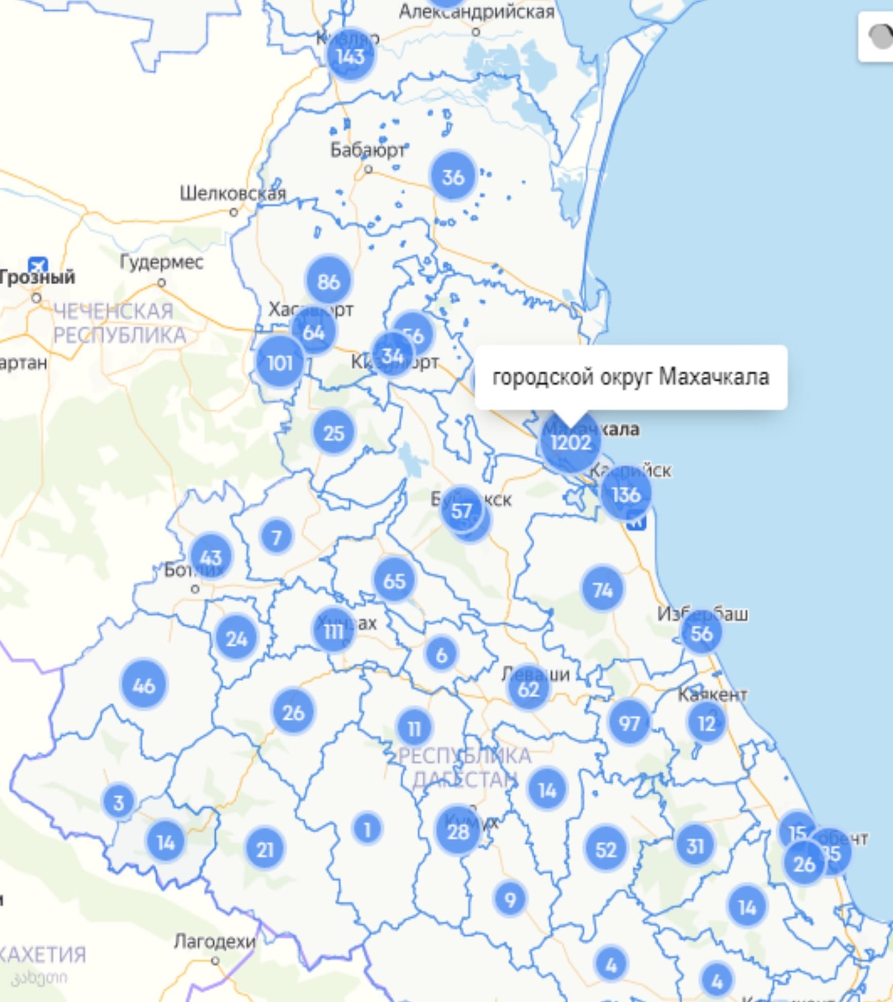 Скриншот карты распространения коронавируса в Дагестане по состоянию на 16 мая 2020 года, https://mydagestan.e-dag.ru