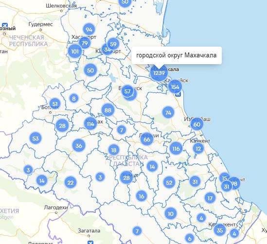Скриншот карты распространения коронавируса в Дагестане по состоянию на 20 мая 2020 года. https://mydagestan.e-dag.ru
