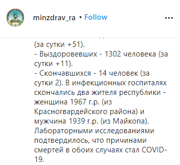 Скриншот сообщения Минздрава Адыгеи о 13-й и 14-й жертве коронавируса в республике, https://www.instagram.com/p/CCBF-nvlK8t/