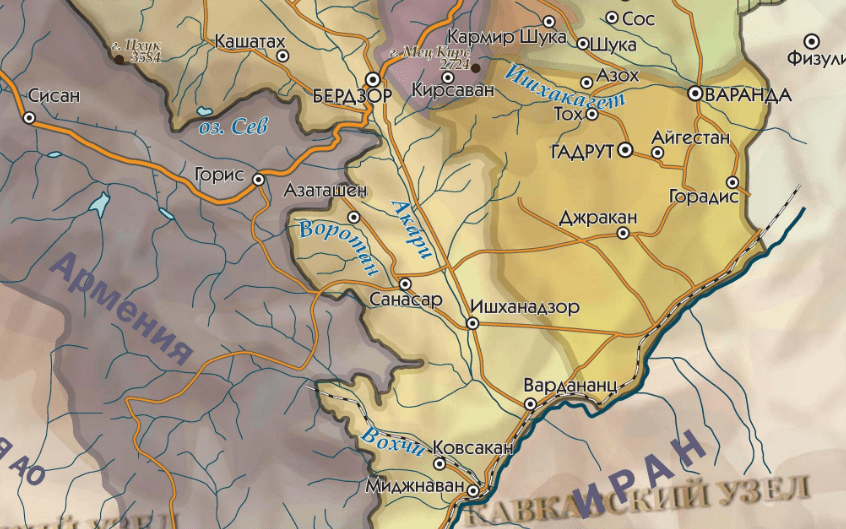 Бердзор (азербайджанское название - Лачин), Санасар (Губадлы) и Ковсакан (Зангилан) на карте Нагорного Карабаха и его "зоны безопасности". https://www.kavkaz-uzel.eu/articles/354792/