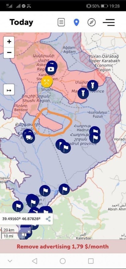 Скриншот карты с указанием месторасположения села Хин Тагер и общины Хцаберд на странице ''Информационного центра'' в Facebook. https://www.facebook.com/Arcaxinfo/posts/1148419708910932